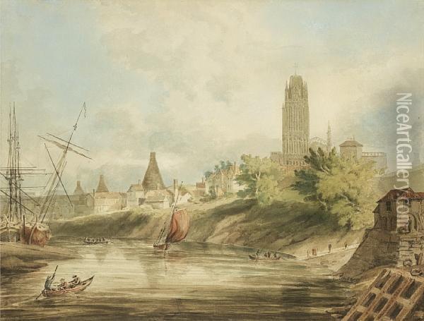 Bristol Cathedral From The Floating Harbour Oil Painting - William Alfred Delamotte