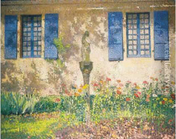 parterre Fleuri Devant Les Fenetres Bleues
 De Marqueyrolles, La Bastide-du-vert Oil Painting - Henri Martin