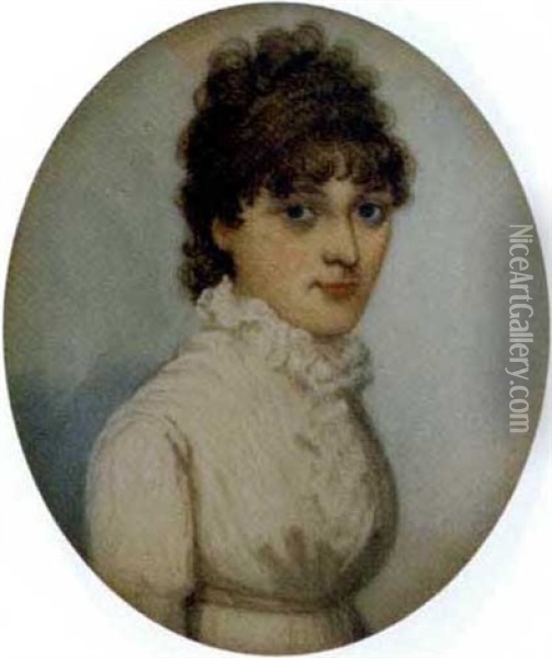 A Young Lady, In A White Dress With High Frilled Collar, Thin White Sash And Upswept Curling Hair Oil Painting - Frederick Buck