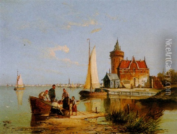 Figures By A Boat In A Bay Oil Painting - Pieter Cornelis Dommershuijzen