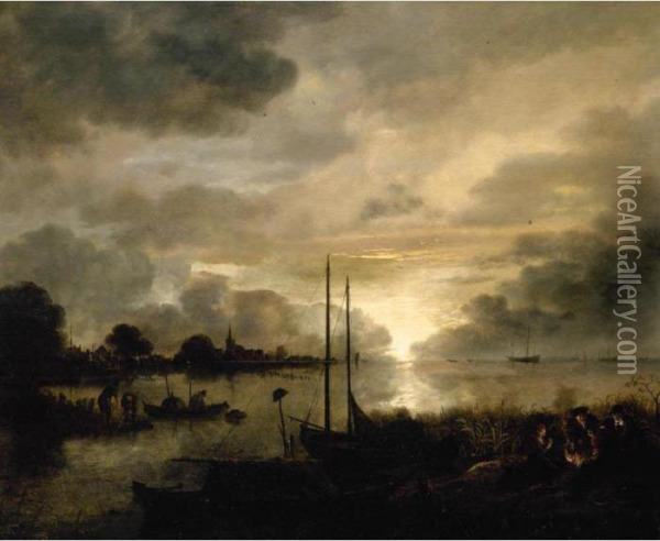 Estuary Landscape By Moonlight 
With Figures Gathered Around A Camp-fire In The 
Foreground Oil Painting - Aert van der Neer