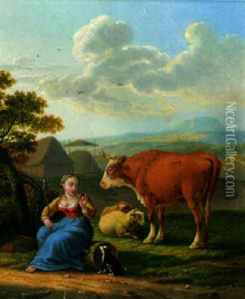 A Maid Spinning With A Dog, A Cow And Sheep In A Landscape Oil Painting - Abraham Bruiningh van Worrell
