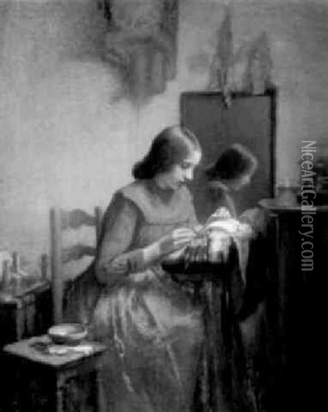 Nahende Junge Frau In Der Stube Oil Painting - Leon Delachaux