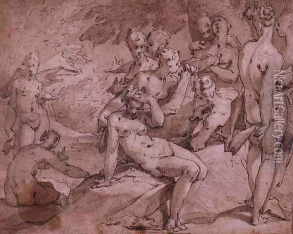 Diana and Callisto (2) (Illustration from Ovid's `Metamorphosis`) c.1595 Oil Painting - Abraham Bloemaert