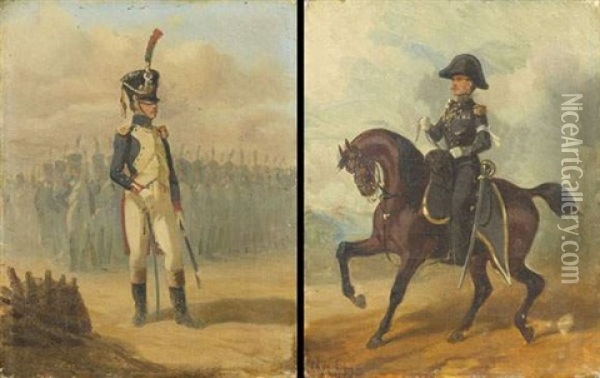 Deux Officiers A Cheval (+ Deux Officiers A Pied; 2 Works) Oil Painting - Charles De Luna