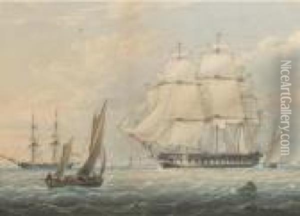 A Royal Naval Frigate Amidst Other Shipping At Spithead Oil Painting - John Wilson Carmichael