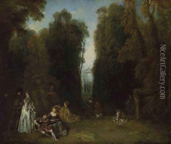 La Perspective (View through the Trees in the Park of Pierre Crozat) c. 1715 Oil Painting - Jean-Antoine Watteau