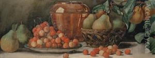 Still Life Of Cherries, Pears, 
Basket And Vase On A Ledge, And Another, Still Life Of Apples, Grapes 
And Flask On A Ledge Oil Painting - Arthur Dudley