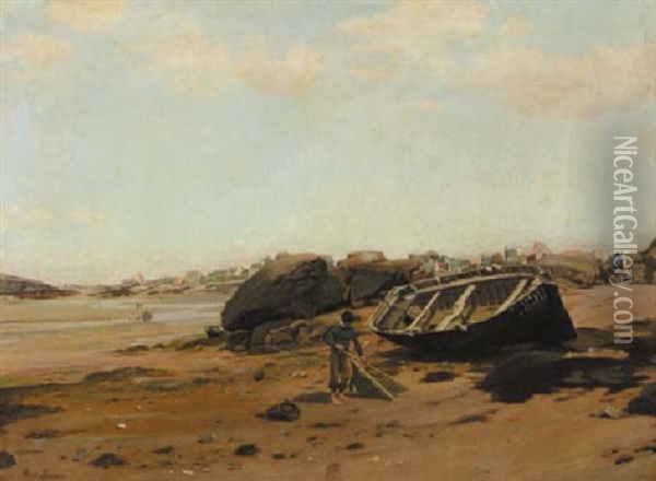 A French Coastal Scene With Fishermen On The Beach Oil Painting - Henri Saintin