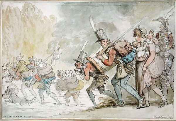 Soldiers on a March, 1805 Oil Painting - Thomas Rowlandson