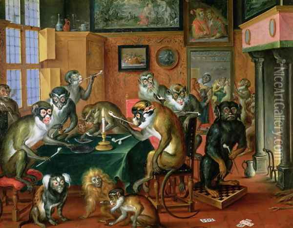 The Smoking Room with Monkeys Oil Painting - Abraham Teniers