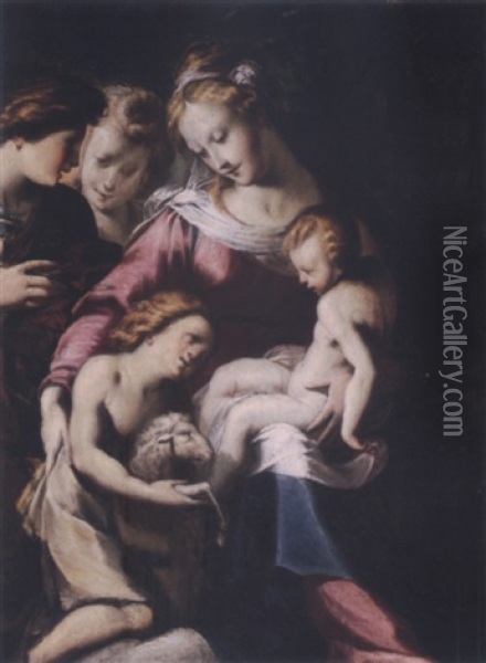 Madonna And Child With Saint John The Baptist And Two Angels In A Landscape Oil Painting - Giulio Cesare Procaccini