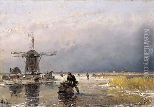 Skaters on a frozen waterway by a windmill Oil Painting - Andreas Schelfhout