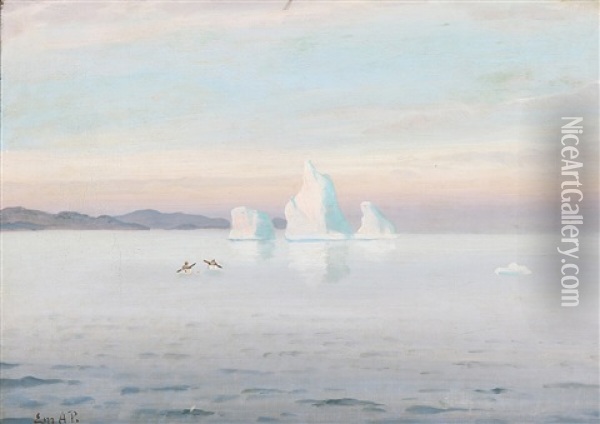 View From The Disko Bay With Two Seal Catchers Oil Painting - Emanuel A. Petersen