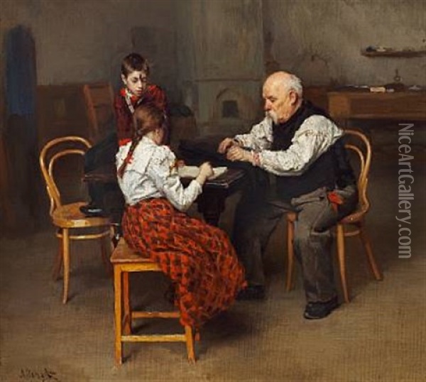 Grandfather Helping The Grandchildren With Their Homework Oil Painting - Lukian Vasilievich Popov