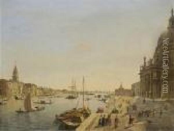 Venedig - Blick Von Dorsoduro Auf Die Einfahrt In Den Canal Grande Und Den Bacino. Oil Painting - Frans Vervloet