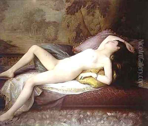 Nude lying on a chaise longue Oil Painting - Gustave-Henri-Eugene Delhumeau