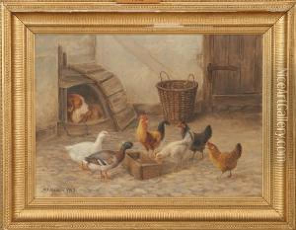 Court With Dog, Ducks And Chickens Oil Painting - Andreas Peter Madsen