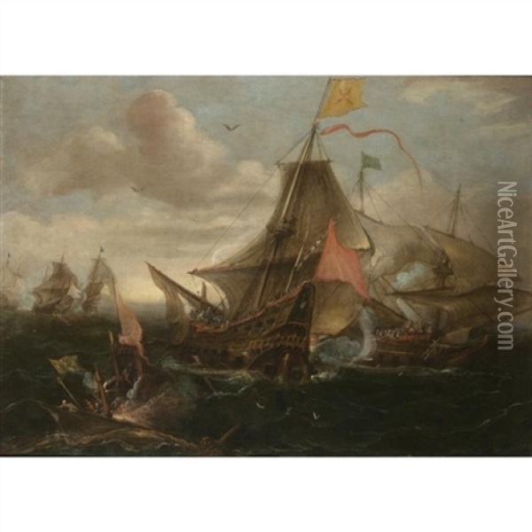 A Naval Engagement Between Spanish Men-o-war And Turkish Galleys In Heavy Seas Oil Painting - Andries Van Eertvelt