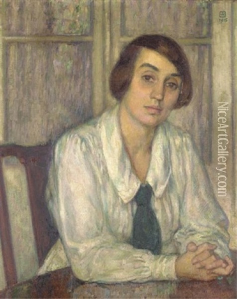 Portrait D'elisabeth Van Rysselberghe Assise, Les Mains Sur La Table Oil Painting - Theo van Rysselberghe