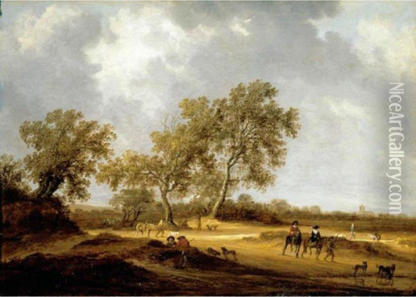 A Sandy Landscape With 
Travellers On Foot And Mounted, Others Resting, A Church In The Distance Oil Painting - Salomon van Ruysdael
