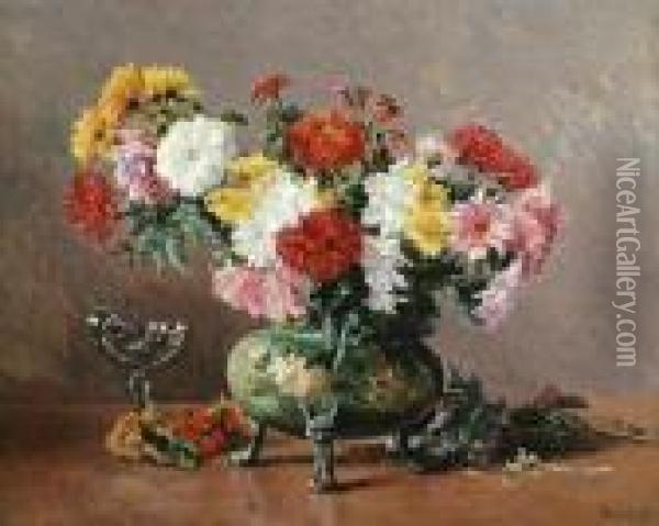 A Still Life Of Chrysanthemums In A Porcelainvase And A Sweetmeat Glass On A Table Oil Painting - Eugene Henri Cauchois