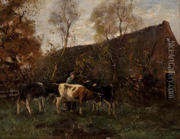 Cows On The Farmyard Oil Painting - Willem George Fred. Jansen