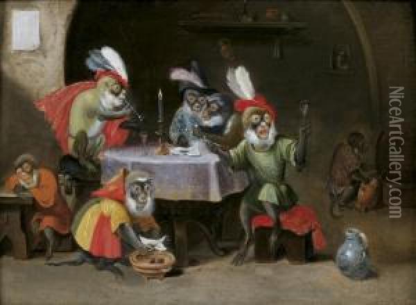 Reunion De Singes Buvant Et Fumant Oil Painting - Ferdinand van Kessel