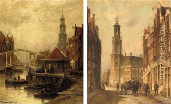 Oud Amsterdam, De Munt Toren En Hotel (+ Oud Amsterdam Bikkerseiland; Pair) Oil Painting - Cornelis Christiaan Dommelshuizen