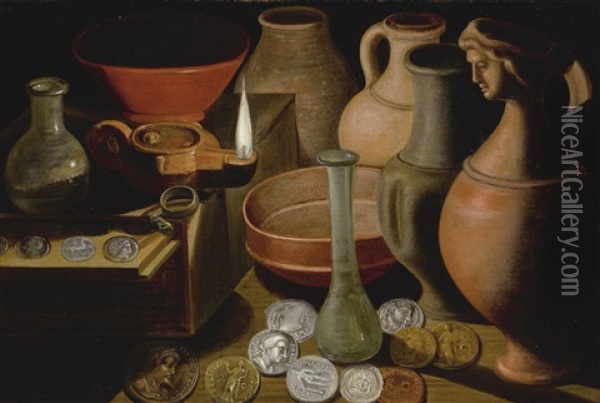 Ancient Coins, Glasswear And Pots On A Table-top With An Oil Lamp Oil Painting - Hendrik van der Borcht the Elder
