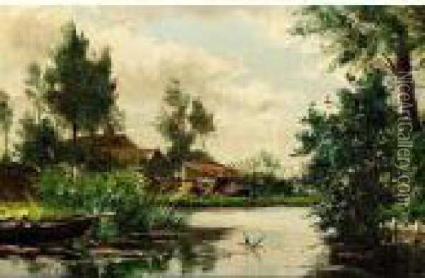 Moored Boat In A Polder Landscape Oil Painting - Willem Roelofs