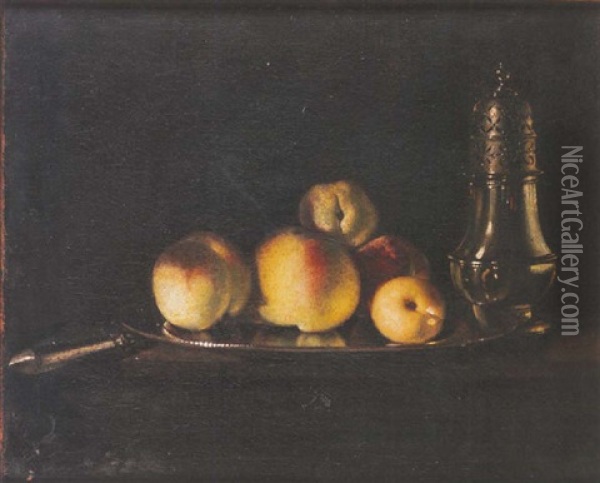 A Still Life Of A Silver Dish Of Peaches, A Sugar Caster And A Knife On A Ledge Oil Painting - Andre Bouys