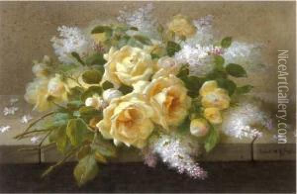 Still Life Of Yellow Roses And Lilac Oil Painting - Raoul Maucherat de Longpre