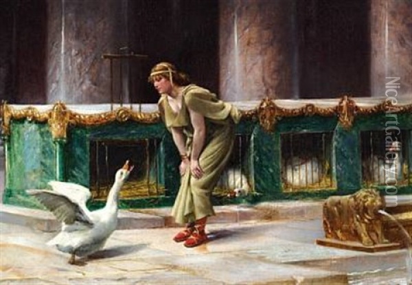 Scene From Ancient Rome With The Sacred Geese Kept As Guardians In The Temple Of Juno Oil Painting - Henri Paul Motte