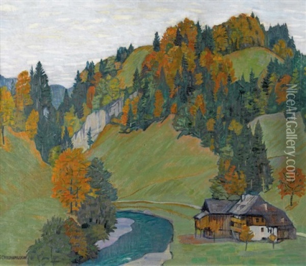 Herbstlandschaft Mit Gehoft An Einem Bach Oil Painting - Emil Cardinaux
