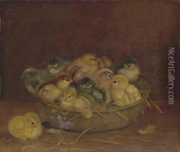 Chicks In A Basket Oil Painting - Ben Austrian