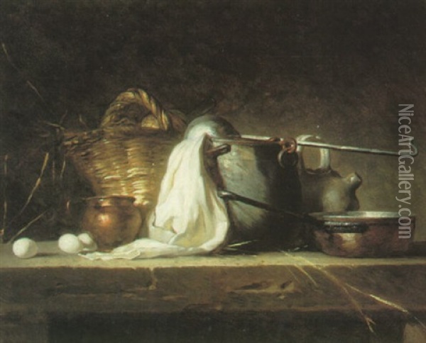 Kitchen Still Life With A Wicker-basket Oil Painting - Jean-Baptiste-Simeon Chardin