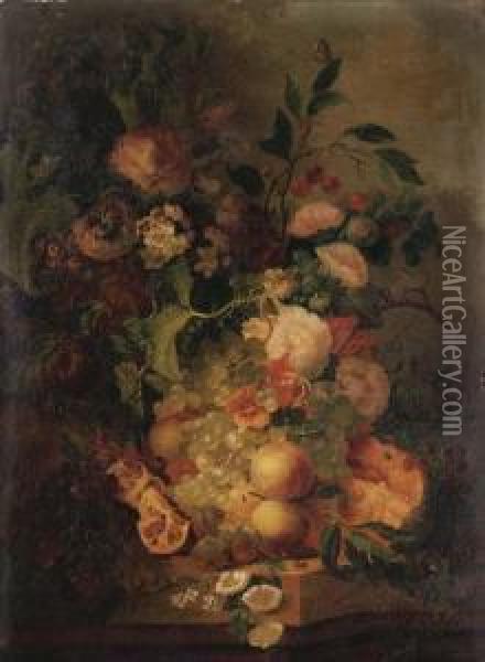 Grapes, Pomegranates, Peaches, 
Cherries, And A Melon, With Carnations, And Other Flowers On A Stone 
Ledge In A Landscape Oil Painting - Jan Evert Morel