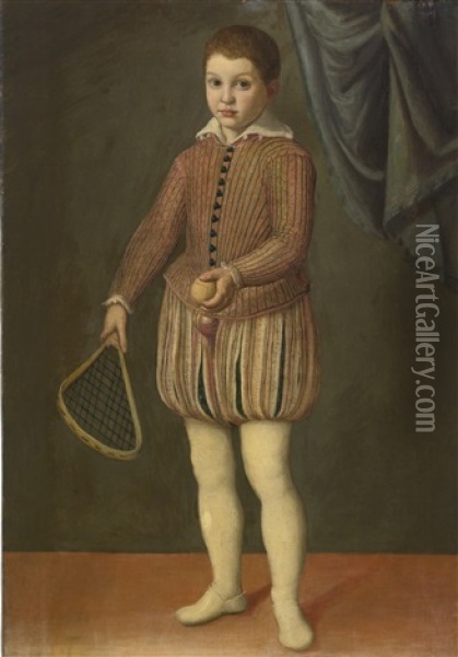 Portrait Of A Boy Holding A Tennis Racket And Ball, Wearing A Pink Slashed Doublet And Hose Oil Painting - Sofonisba Anguissola
