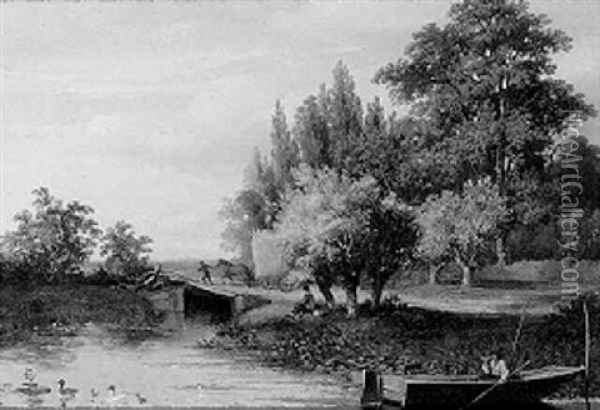 A Summer Landscape With Anglers Along A River Oil Painting - Hermanus Jan Hendrik Rijkelijkhuysen