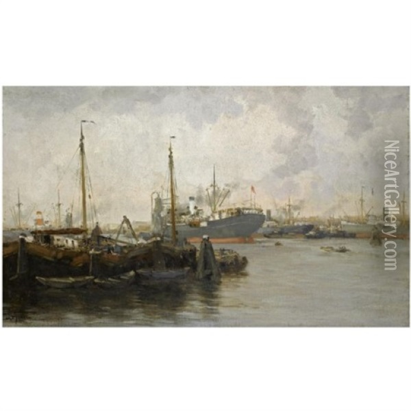 A Busy Harbour Oil Painting - Willem George Frederik Jansen