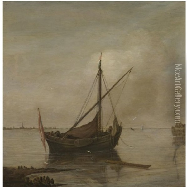 A Smalschip Moored Off The Dutch Coast, Possibly The Hollandsch Diep And Willemstad Oil Painting - Justus Verwer