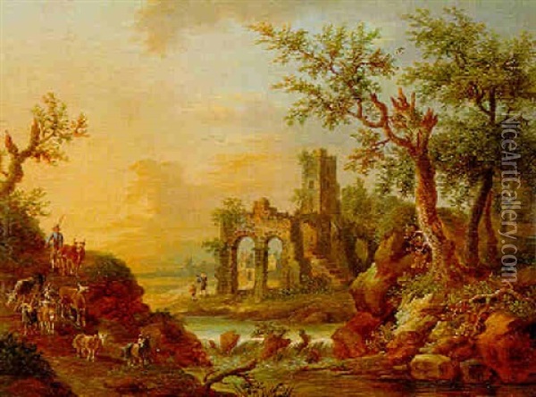 Flusslandschaft Mit Hirten Und Ruine Oil Painting - Christian Georg Schuetz the Younger