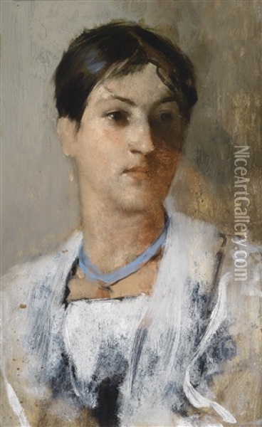 Bildnis Einer Jungen Frau Mit Blauem Halsband (study) Oil Painting - Carl Leopold Mueller