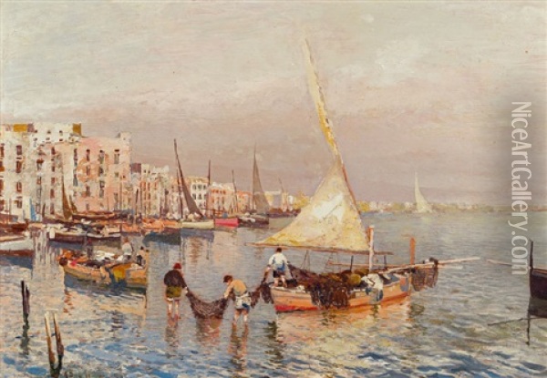 Italienische Kustenstadt Mit Fischerbooten Im Hafen Oil Painting - Attilio Pratella