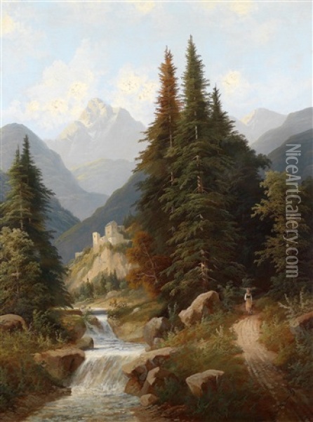 Gebirgige Landschaft Mit Burgruine Oil Painting - Jakob Burgaritzky