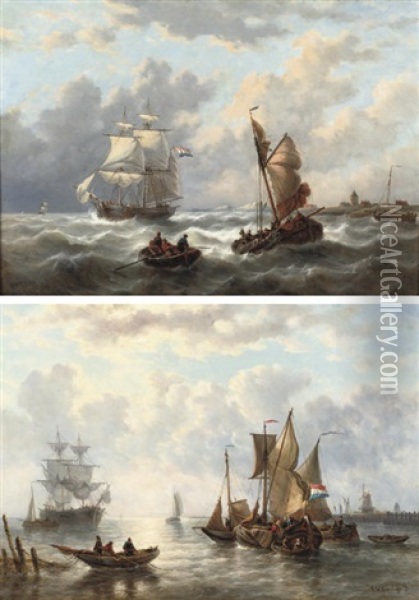 On Calm Water (+ On A Choppy Sea; Pair) Oil Painting - George Willem Opdenhoff