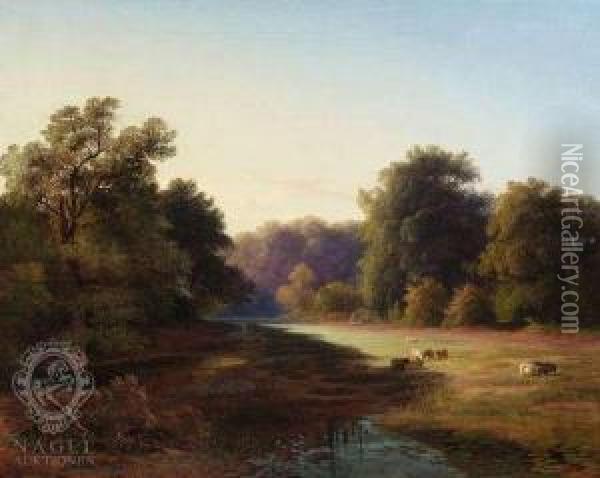 Summery Landscape With Cattle Oil Painting - Hans Pock