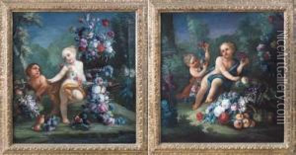 Composizione Di Fiori E Putti Entro Paesaggio Oil Painting - Michele Antonio Rapous