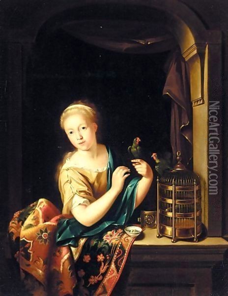 A Young Girl At A Window, Holding A Parrot Oil Painting - Willem van Mieris